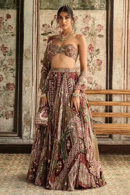 SAGE-MAROON PRINT AND HIGHLIGHTED  STRAPLESS BLOUSE WITH LEHENGA SET