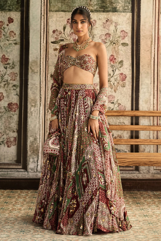 SAGE-MAROON PRINT AND HIGHLIGHTED  STRAPLESS BLOUSE WITH LEHENGA SET
