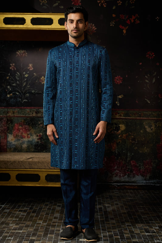 BLUE EMBROIDERED JACKET SET WITH BLUE PANTS