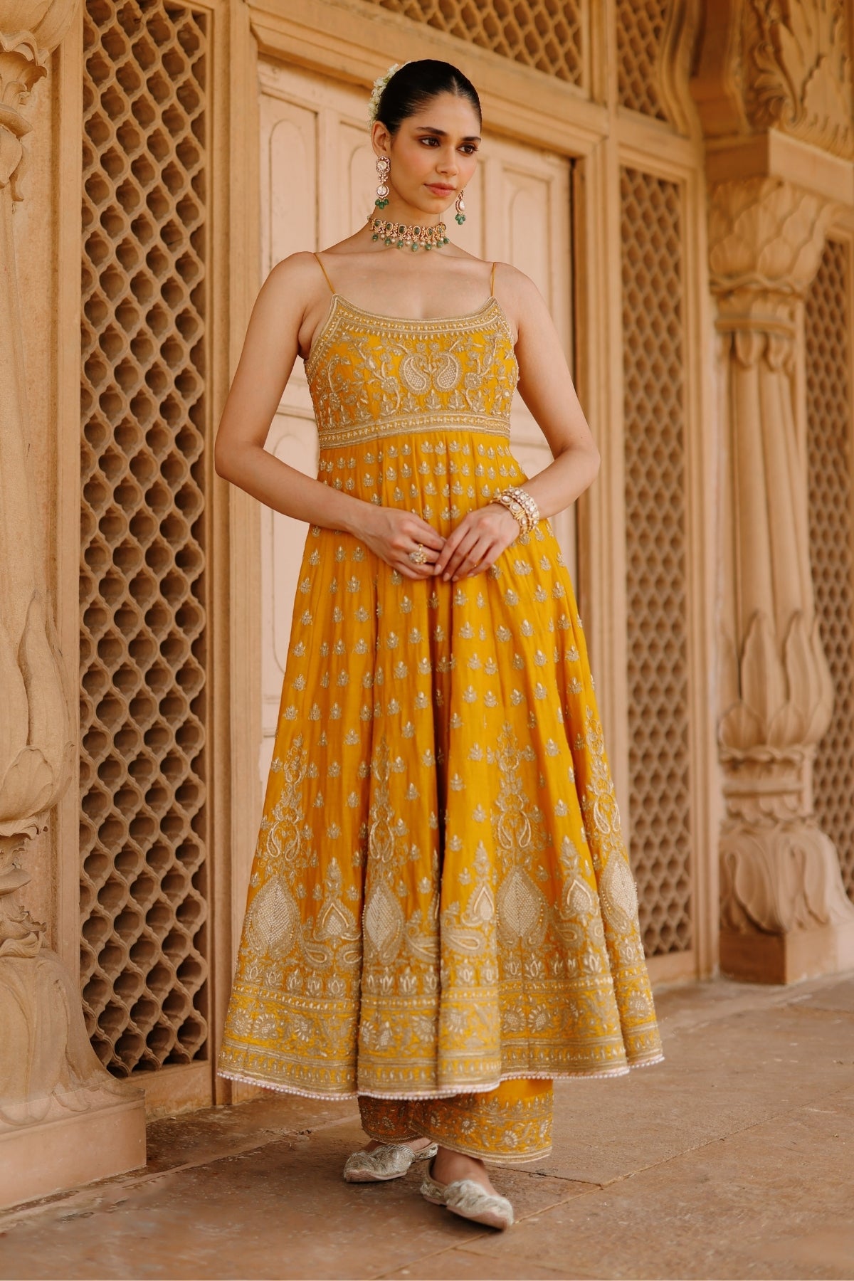 Afraa - Mustard Anarkali Set with Palazzo & Dupatta