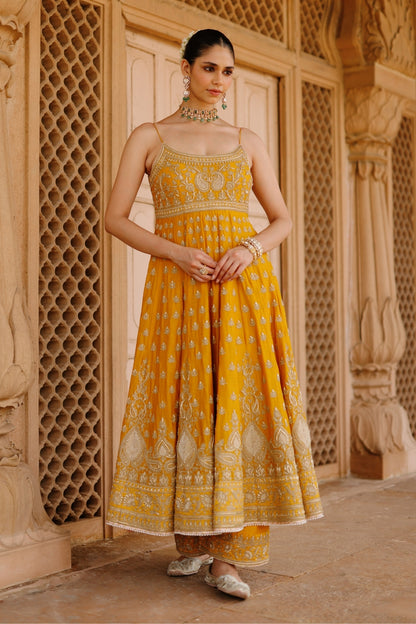 Afraa - Mustard Anarkali Set with Palazzo & Dupatta