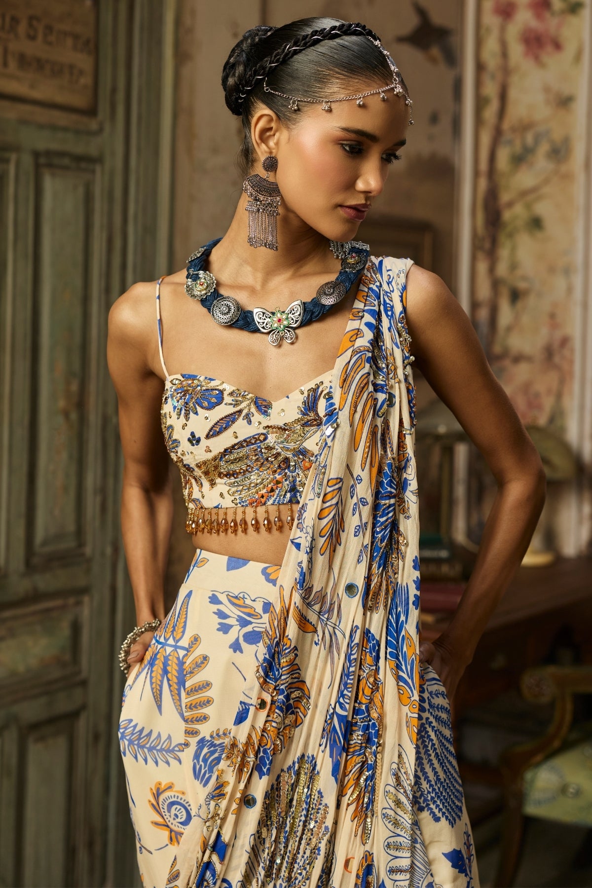 IVORY PRINTED AND HIGHLIGHTED SHARARA PANTS SAREE SET