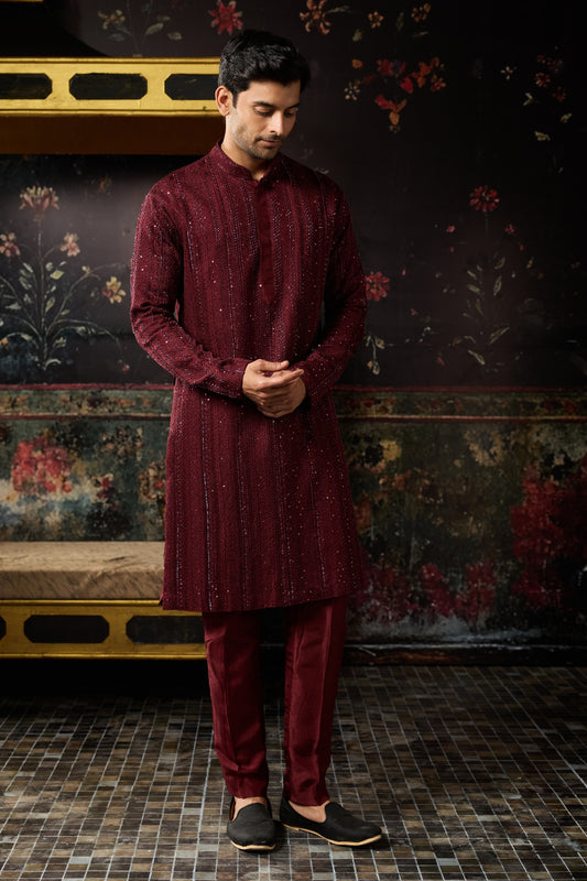 MAROON HEAVY EMBROIDERED KURTA & PANTS