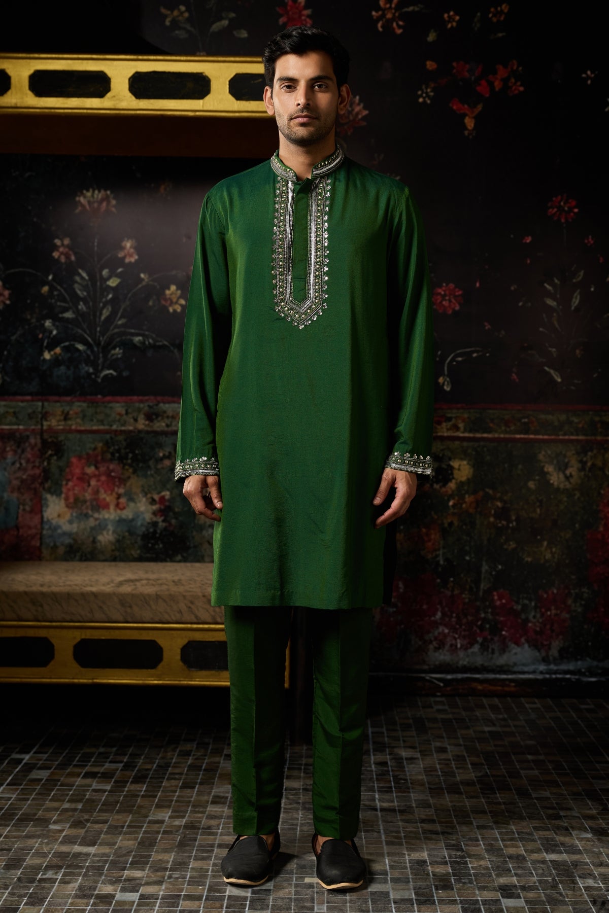 GREEN EMBROIDERED KURTA  &  PANTS