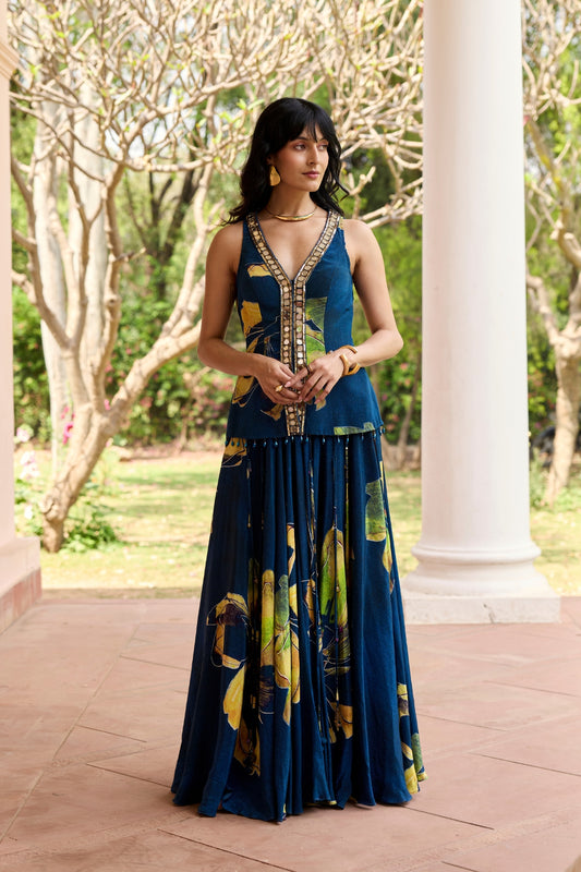 NAVYGOLD FLORAL PRINTED LEHENGA SET