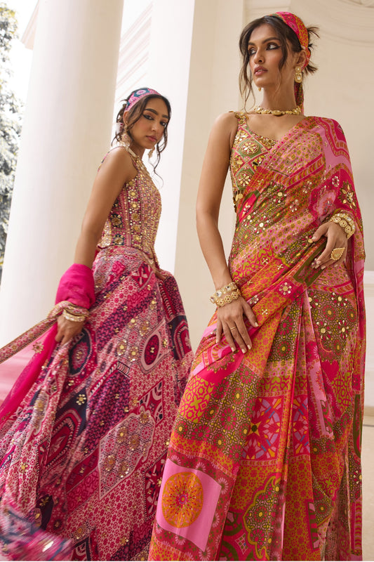 FUSCHIA PRINT AND HIGHLIGHTED CORSET BLOUSE LEHENGA SET