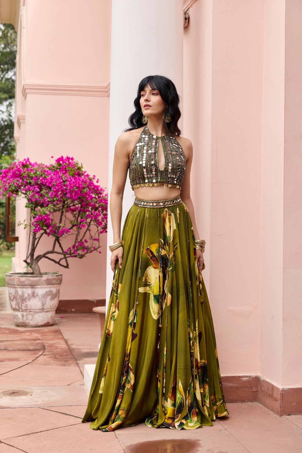 MATCHA GREEN FLORAL TASSELED LEHENGA SET