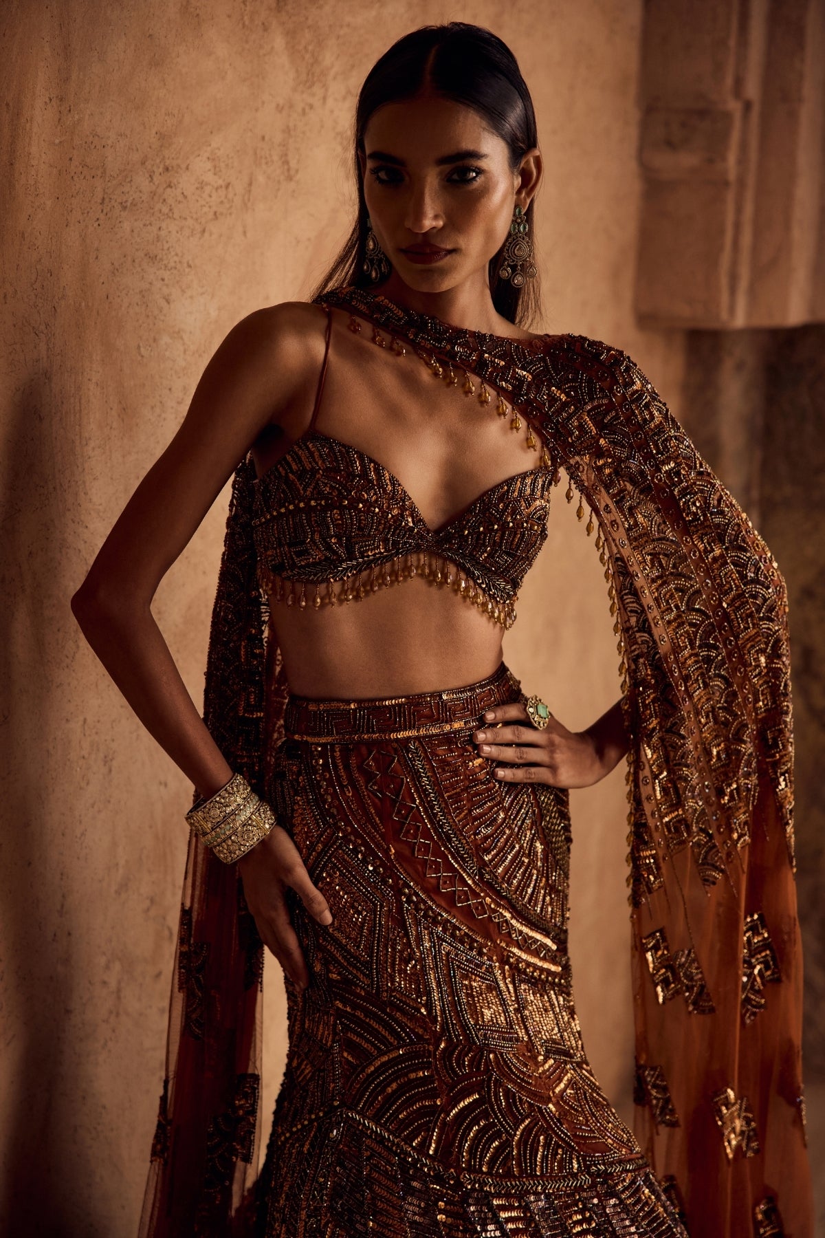CARAMEL BROWN FULLY EMBROIDERED MERMAID TRAILSKIRT SAREE SET