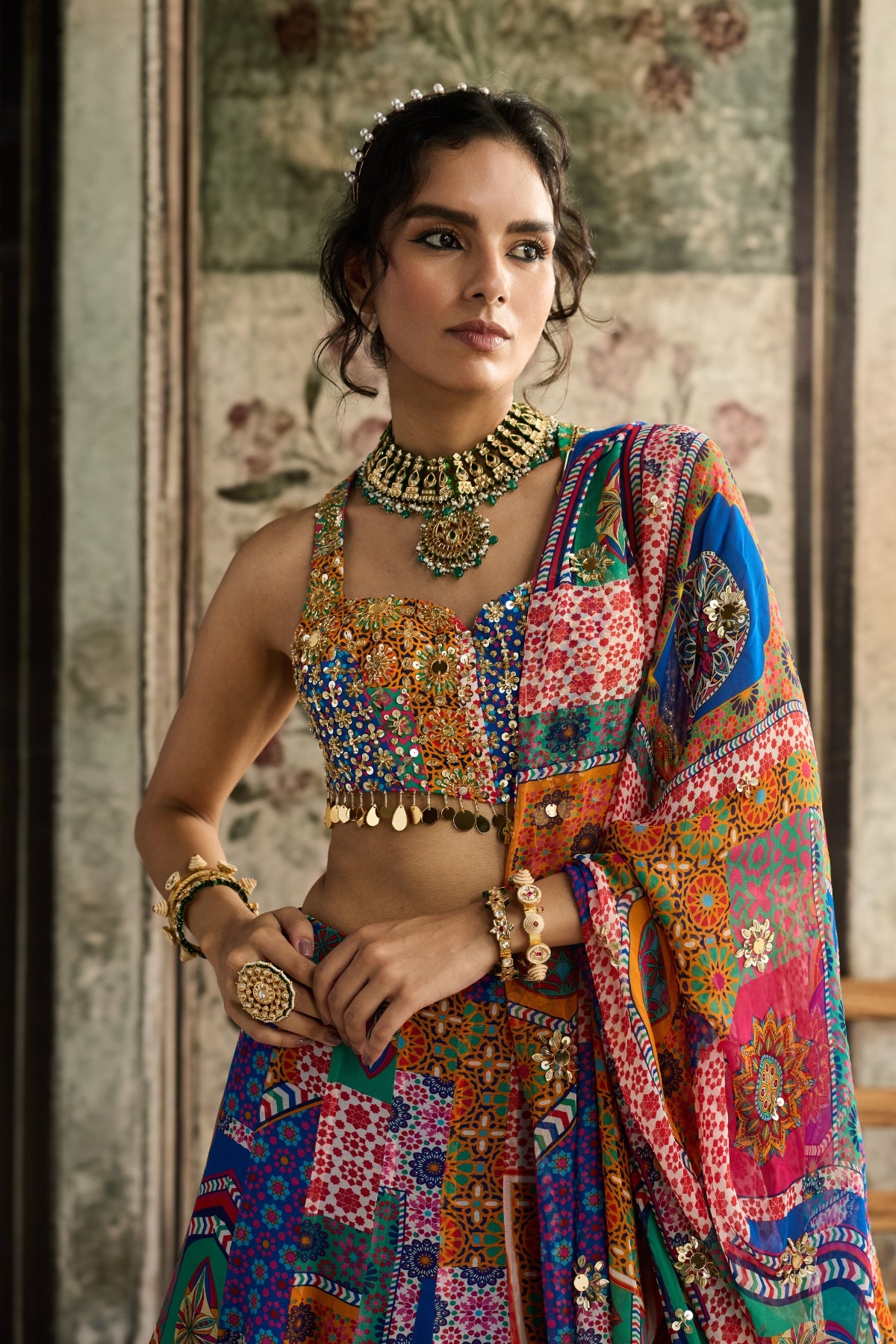 MULTI-COLOR  PRINT AND HIGHLIGHTED RACERBACK BLOUSE WITH GODET SKIRT SET