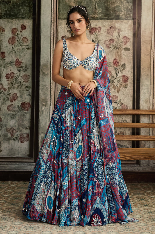 IVORY BUTTA PRINT AND HIGHLIGHTED BLOUSE WITH TEAL PRINT AND HIGHLIGHTED LEHENGA SET