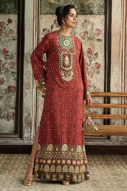 SAGE-MAROON PRINT AND HIGHLIGHTED  KAFTAN