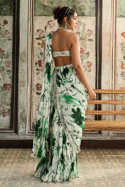 IVORY & GREEN FLORAL PRINT AND HIGHLIGHTED BORDER SKIRT SAREE SET