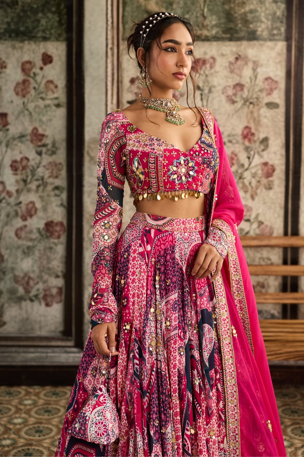 FUSCHIA PRINT AND HIGHLIGHTED ANGRAKHA BLOUSE LEHENGA SET