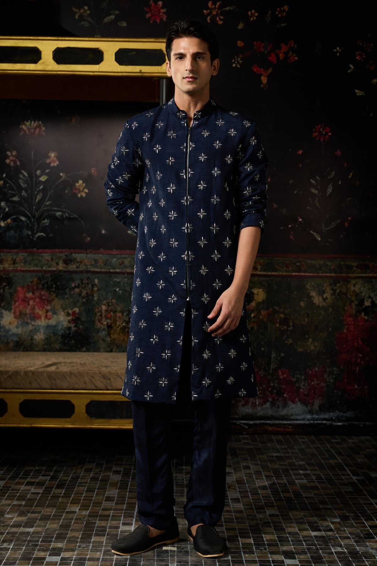 BLUE EMBROIDERED JACKET SET WITH BLUE PANTS