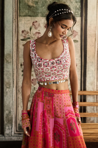 IVORY BUTTA PRINT AND HIGHLIGHTED SQUARE NECK BLOUSE WITH YELLOW-FUSCHIA PRINT SHARARA SET