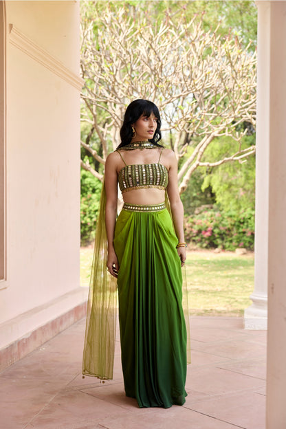 ALGAE GREEN OMBRE DHOTI SKIRT SET