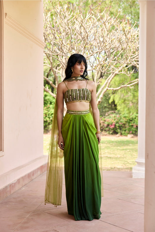 ALGAE GREEN OMBRE DHOTI SKIRT SET
