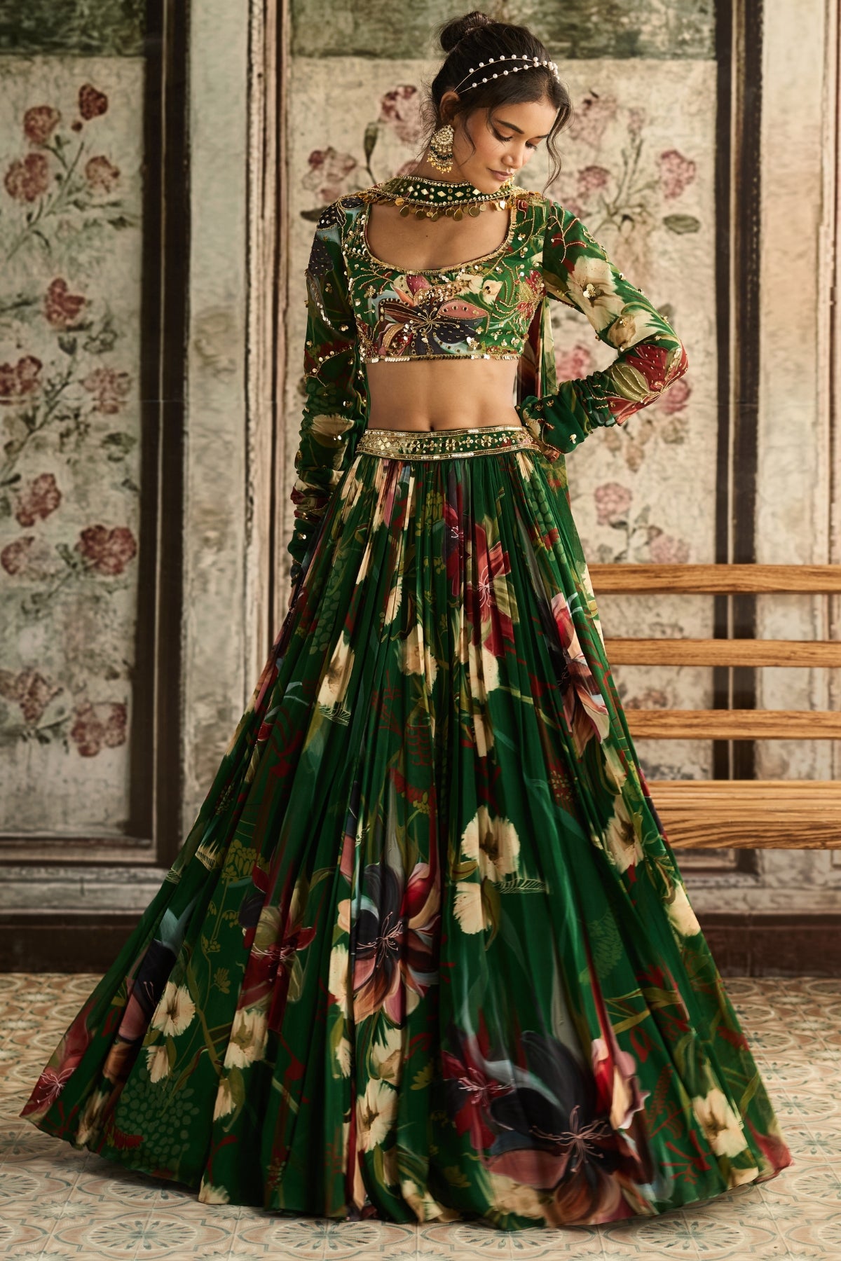 GREEN FLORAL PRINTED LEHENGA SET