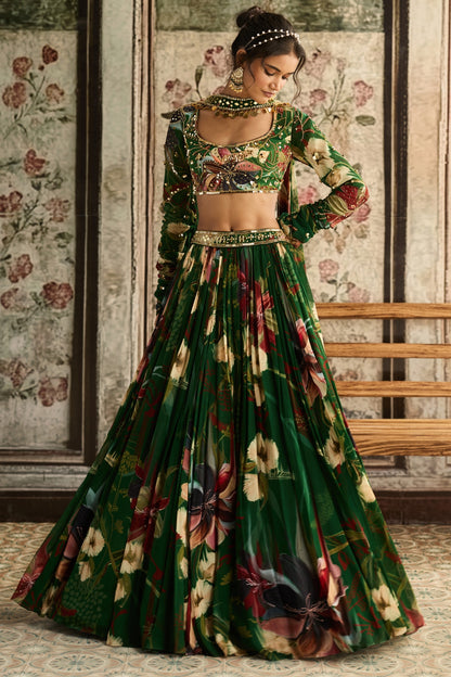 GREEN FLORAL PRINTED LEHENGA SET