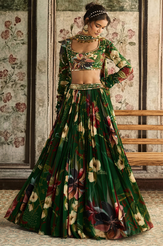 GREEN FLORAL PRINTED LEHENGA SET