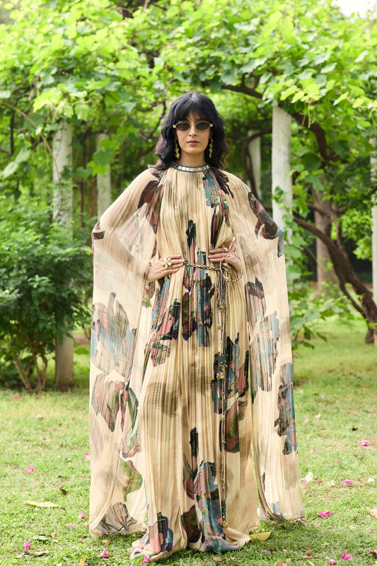 BEIGE FLORAL ROUCHED MAXI DRESS