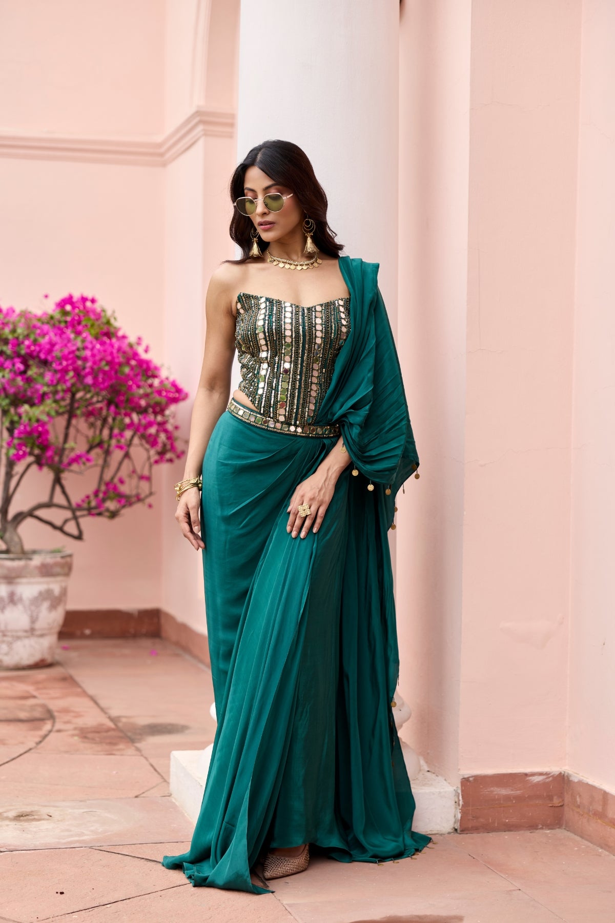 BOTTTLE GREEN EMBROIDERED CORSET SAREE SET