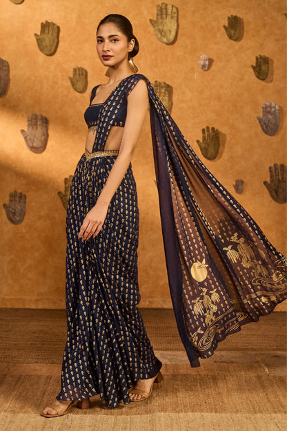 Navy Blue Snow Light Stitched Saree