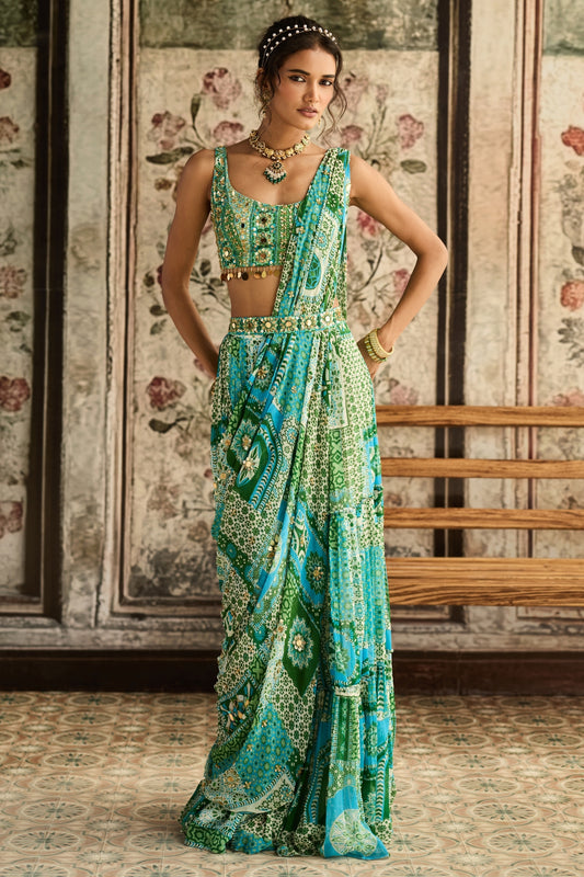 AQUA PRINT AND HIGHLIGHTED TIERED  SAREE SET