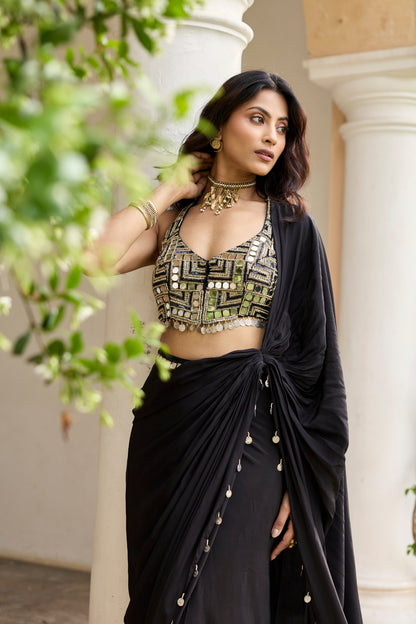 BLACK SOLID SAREE SET