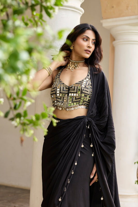 BLACK SOLID SAREE SET