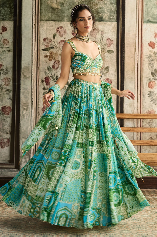 AQUA PRINT AND HIGHLIGHTED RUCHED BLOUSE LEHENGA SET