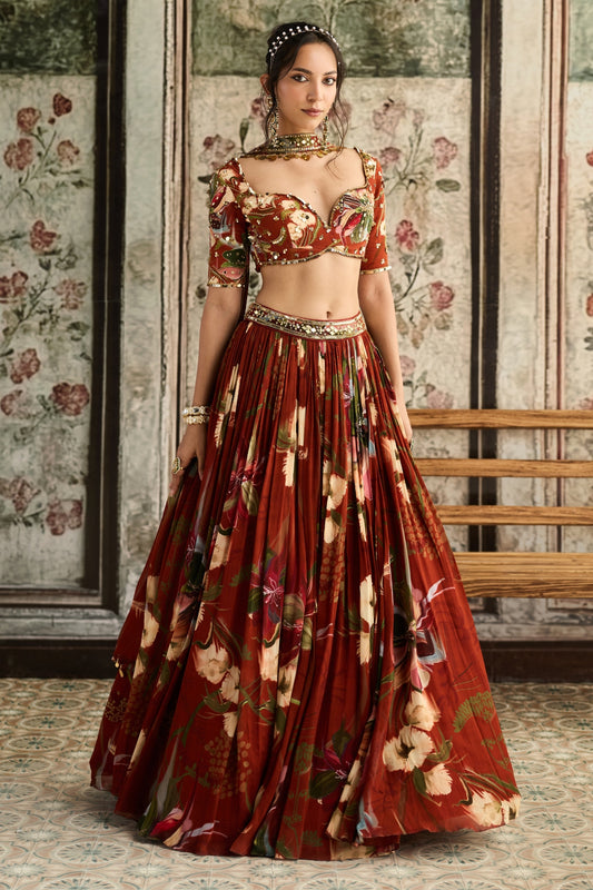 RUST FLORAL PRINTED LEHENGA SET