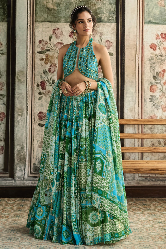 AQUA EMBROIDERED BLOUSE AND AQUA PRINT AND HIGHLIGHTED LEHENGA SET