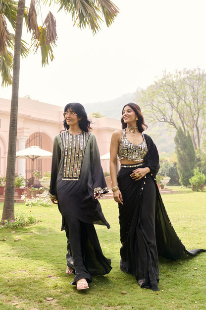 BLACK - GREY OMBRE EMBROIDERED KURTI SET