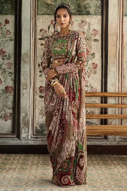 SAGE-MAROON PRINT AND HIGHLIGHTED  SLIT SKIRT SAREE SET