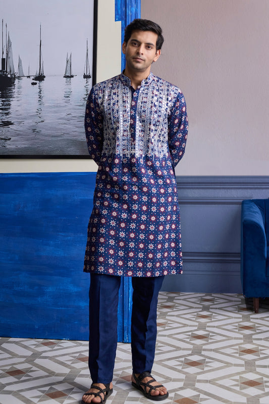 DARK BLUE PRINT HILIGHTED KURTA WITH SOLID PANTS