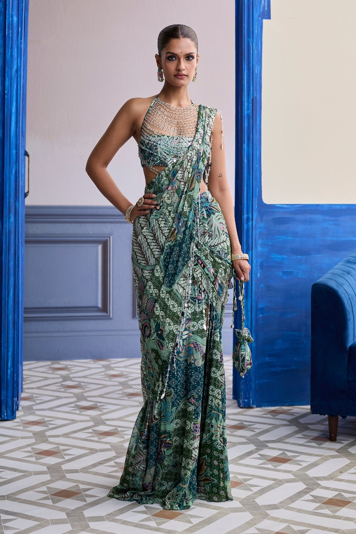 JEWELED GREEN FLORAL BLOUSE WITH SLIT SAREE & TASSEL DRAPE SET