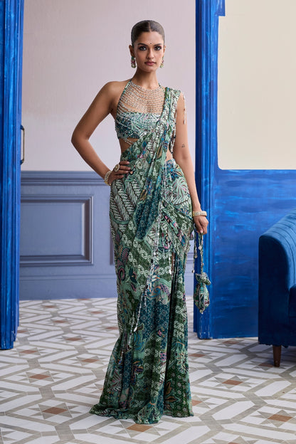 JEWELED GREEN FLORAL BLOUSE WITH SLIT SAREE & TASSEL DRAPE SET
