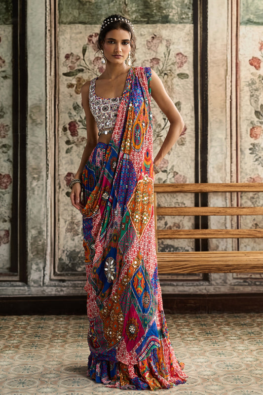 MULTI-COLOR  PRINT AND HIGHLIGHTED SQUARE NECK BLOUSE WITH TIERED SKIRT SAREE SET
