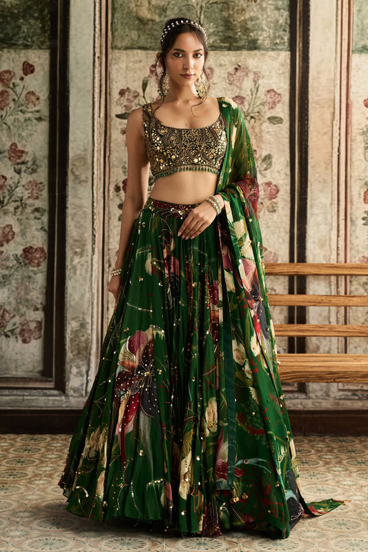 GREEN FLORAL PRINT AND HIGHLIGHTED LEHENGA SET