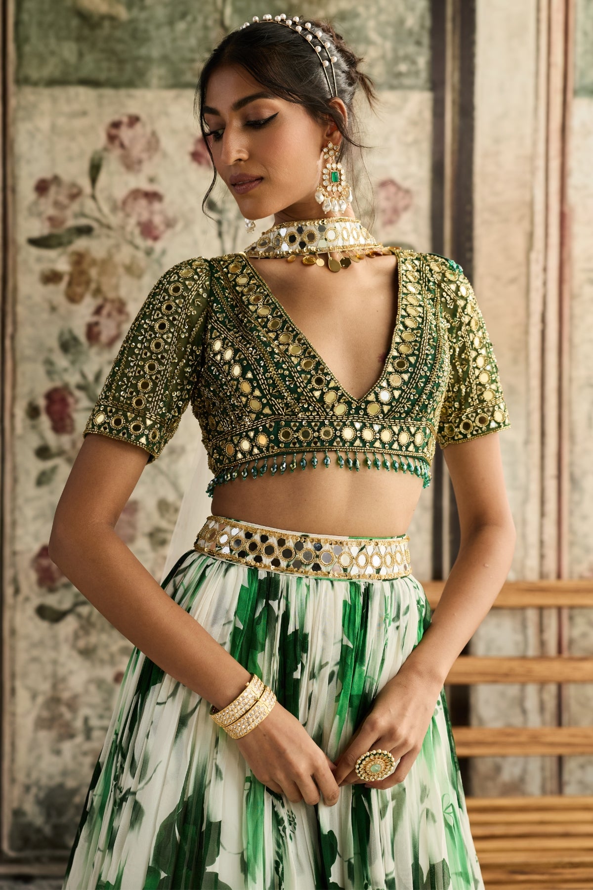 IVORY & GREEN FLORAL PRINTED LEHENGA SET