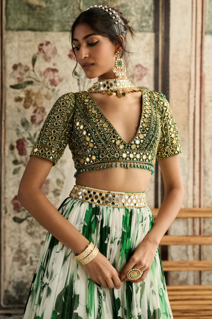 IVORY & GREEN FLORAL PRINTED LEHENGA SET