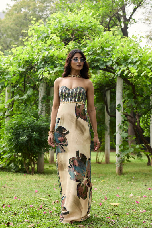 BEIGE FLORAL SLIT DRESS
