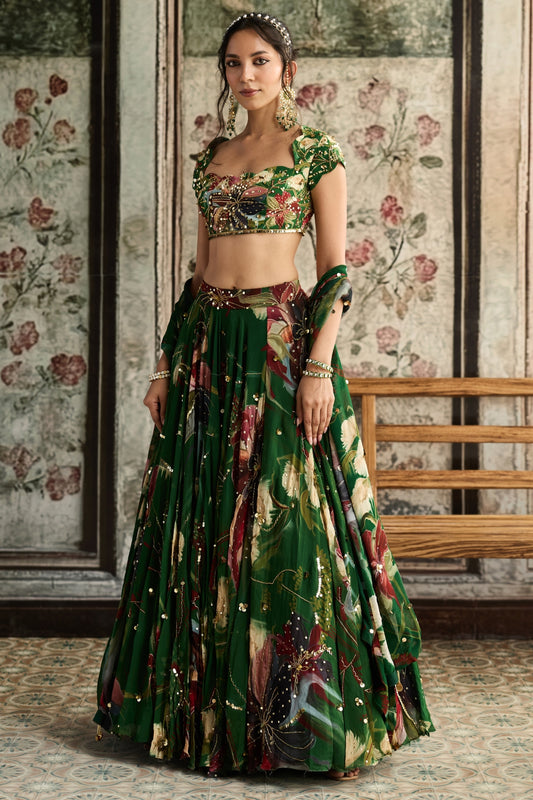 GREEN FLORAL PRINT AND HIGHLIGHTED LEHENGA SET