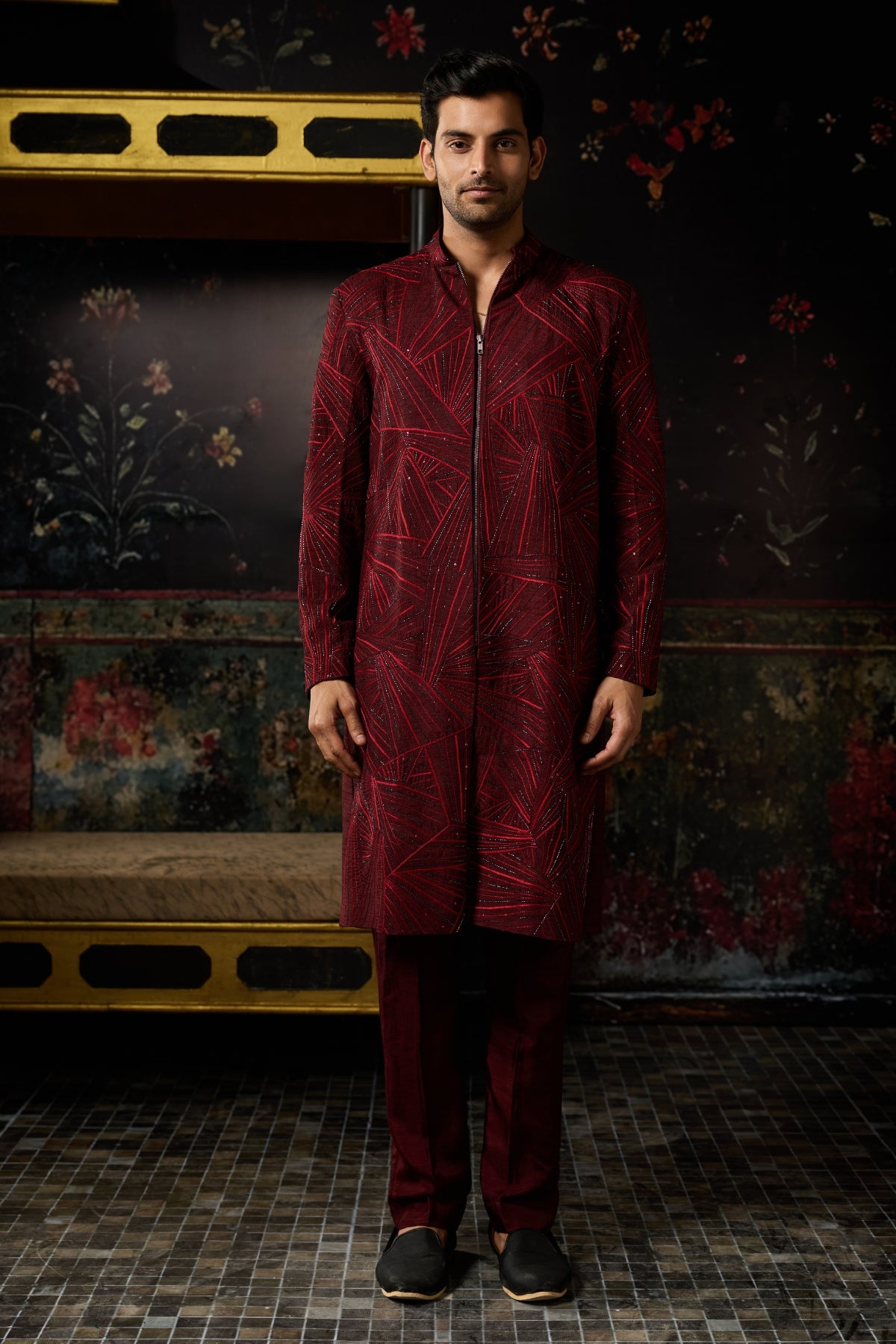 MAROON EMBROIDERED JACKET SET & PANTS