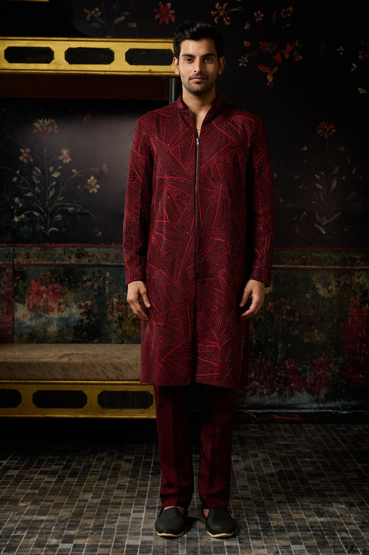 MAROON EMBROIDERED JACKET SET & PANTS