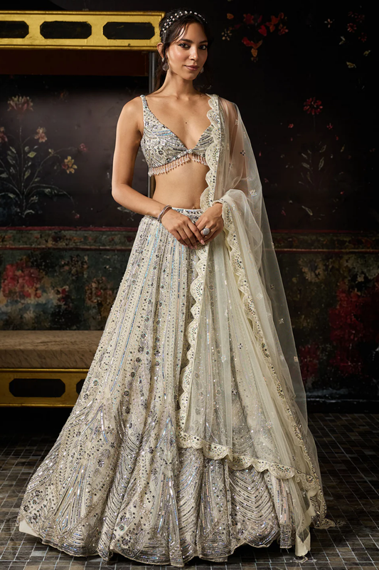 IVORY FULLY EMBROIDERED SCALLOP LEHENGA SET