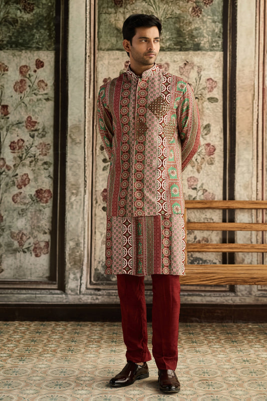 SAGE & MAROON  PRINT  & HIGHLIGHTED BUNDY, KURTA & PANTS