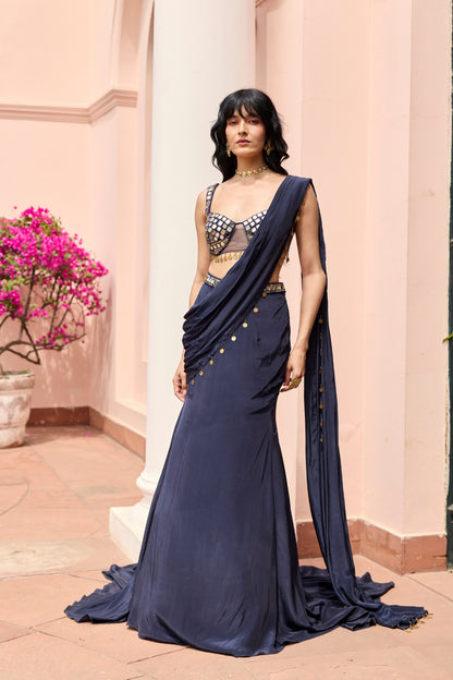 MIDNIGHT BLUE SOLID TRAIL SAREE