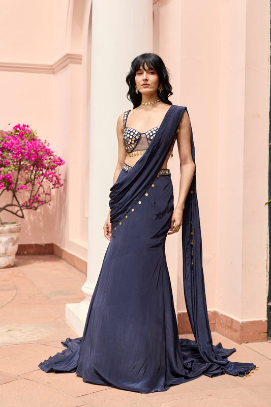 MIDNIGHT BLUE SOLID TRAIL SAREE